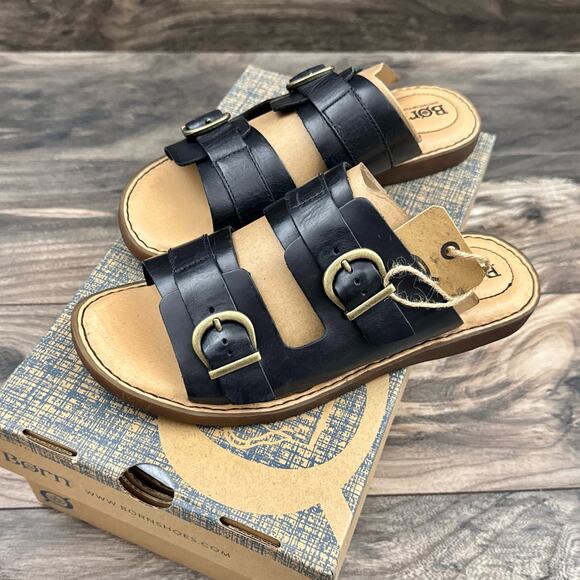NIB Born Henna 7M Comfort Black Leather Slide Sandals - Picture 6 of 11